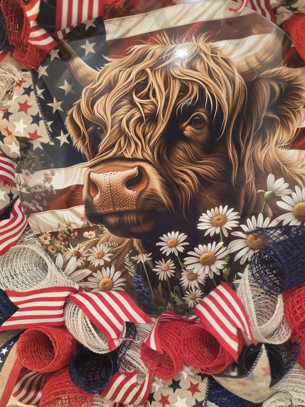 Patriotic Cow Floral Wreath - Red, White & Blue Highland COW uSA